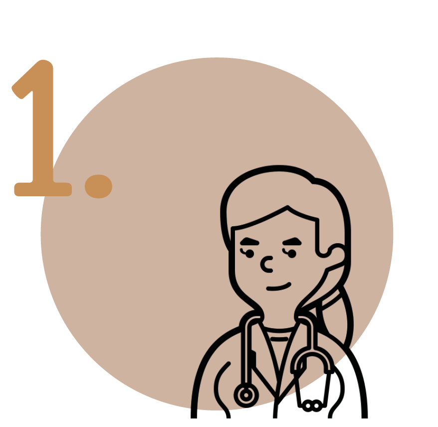 Icon einer Ärztin vor einem sandfarbenen Kreis mit der Ziffer 1.