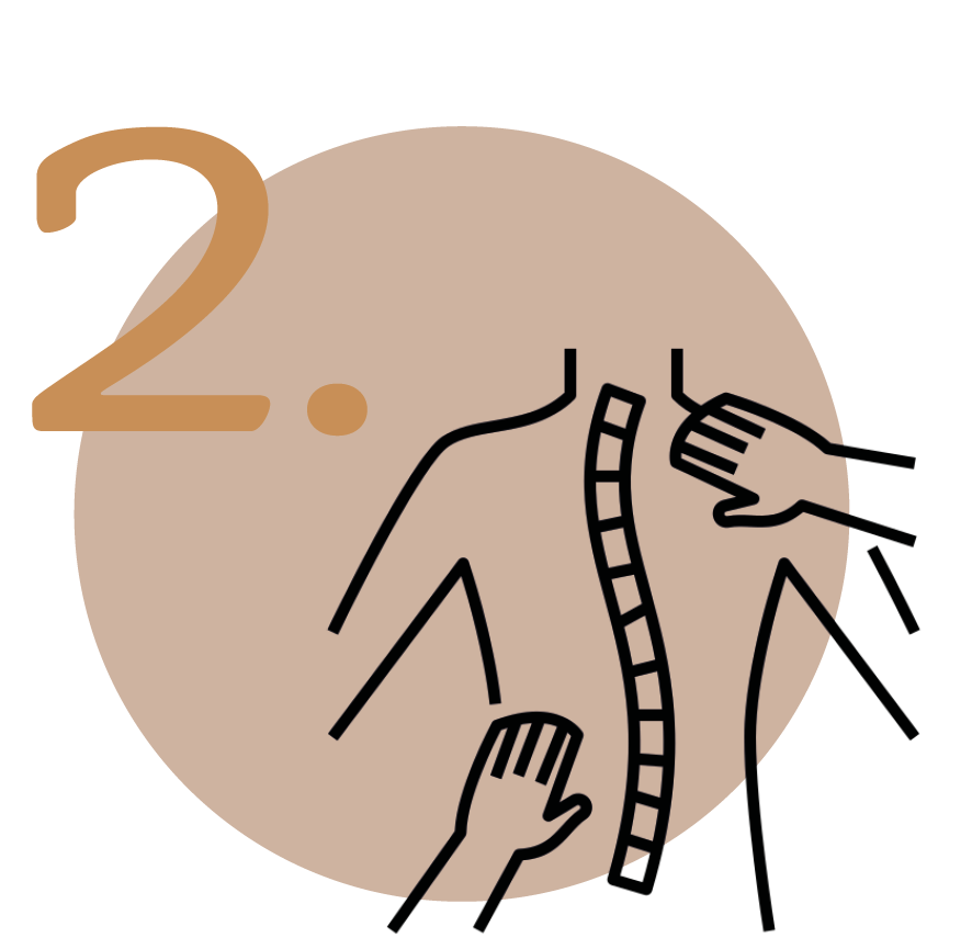 Icon eines Rücken mit Wirbelsäule und zwei behandelnder Hände vor sandfarbenen Kreis