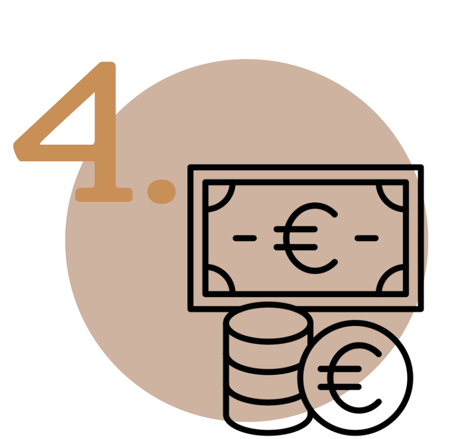 Icon eines Euro Scheines und Euro Münzen vor sandfarbenen Kreis