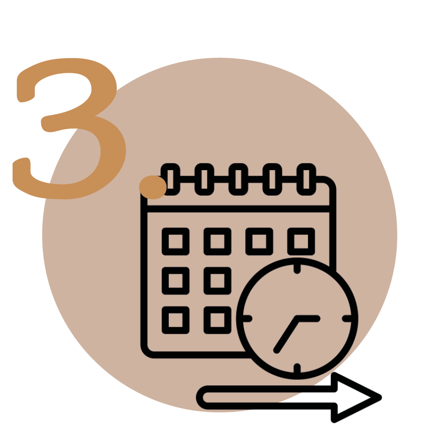 Icon eines Kalenders und einer Uhr vor einem sandfarbenen Kreis